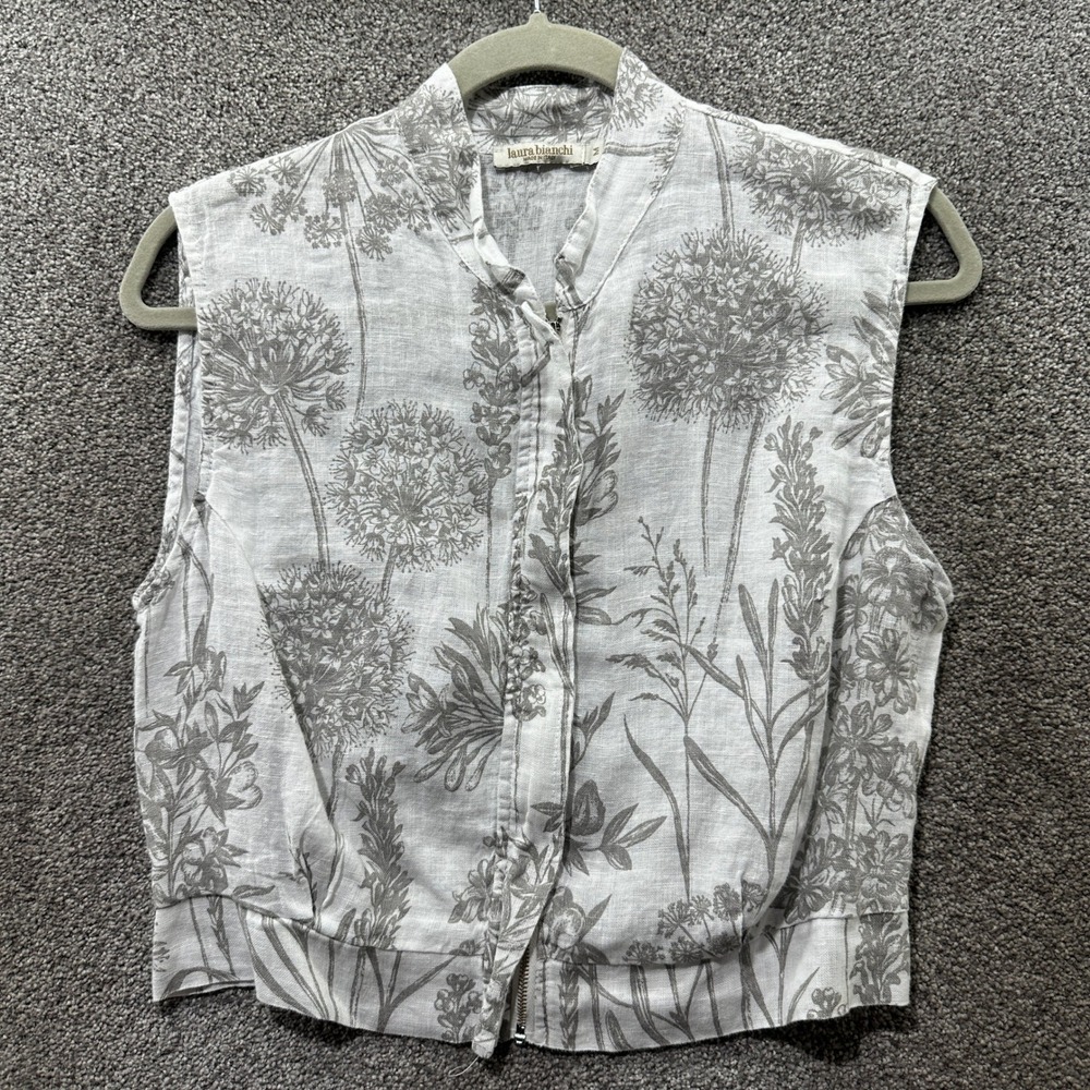 Laura Bianchi Italy Linen Floral Sleeveless Zip Front Crop Vest Top White Gray M
